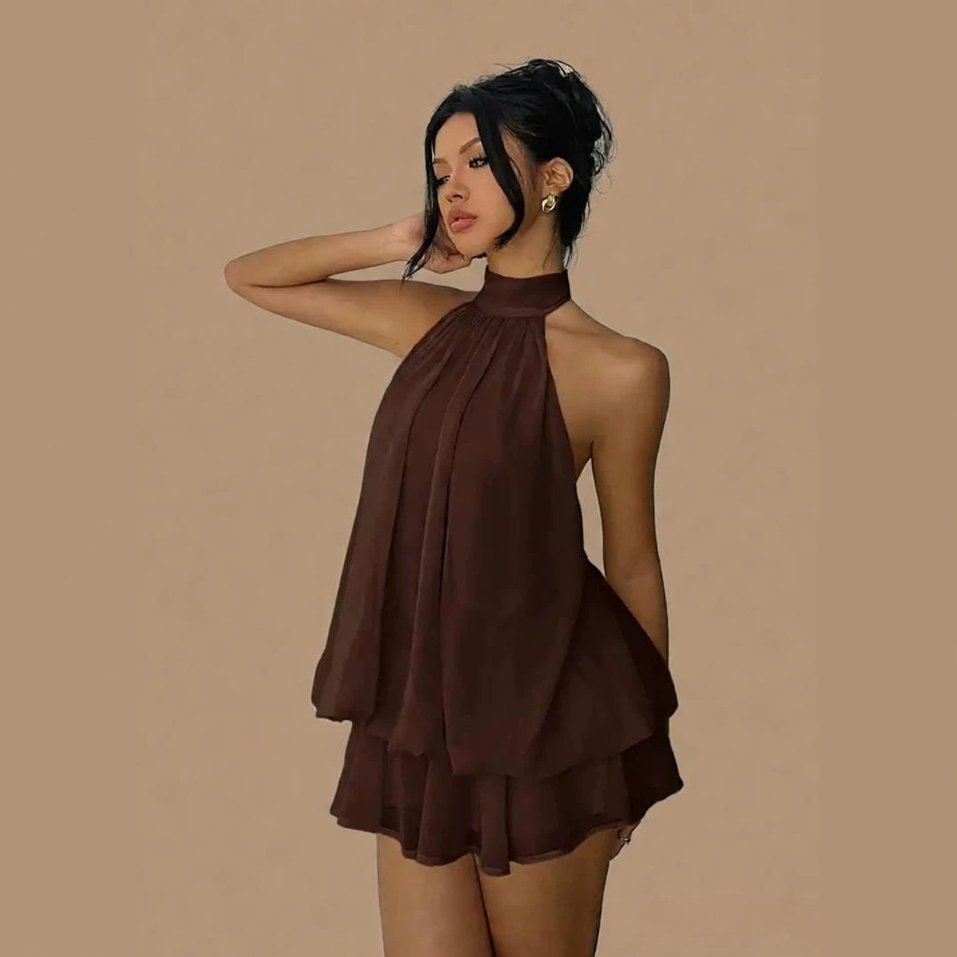Women's Halter Neck Chiffon Dress High Waist A-Line Mini Vacation Dress