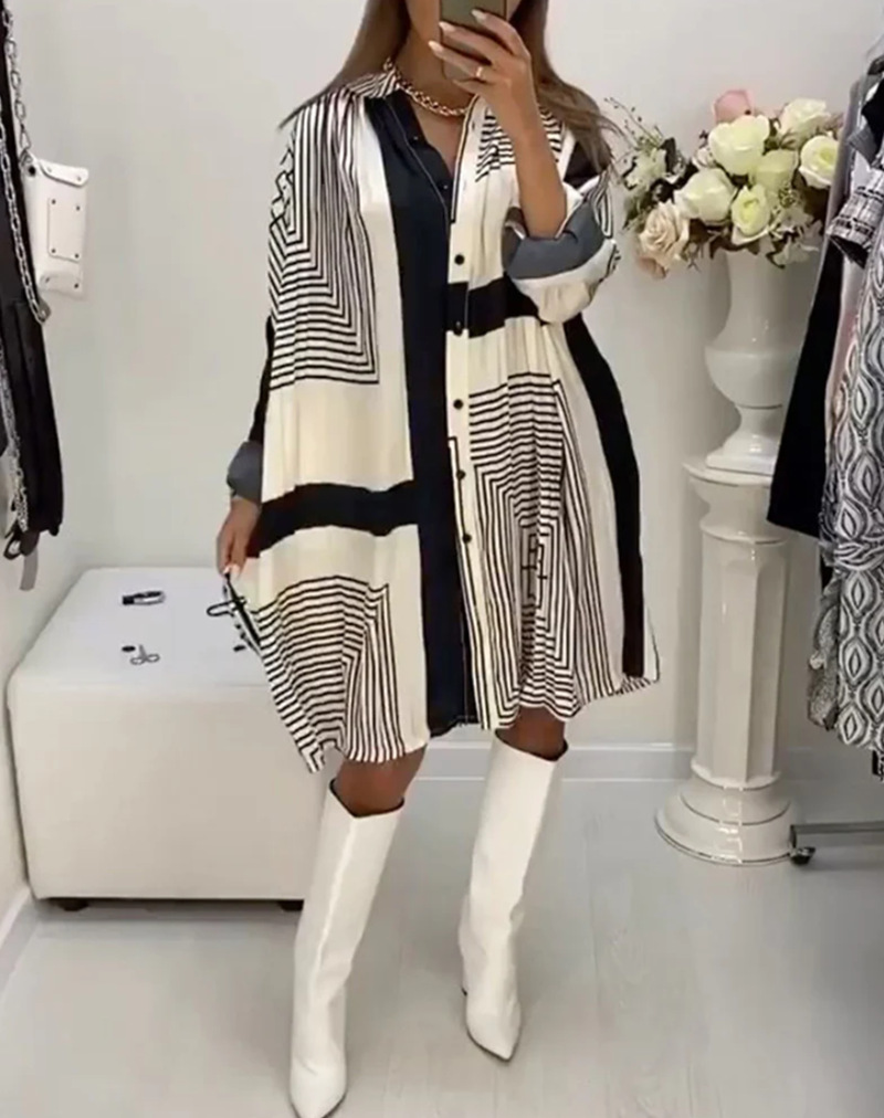 Women's Loose Fit Printed V-Neck Long Sleeve Midi Dress
