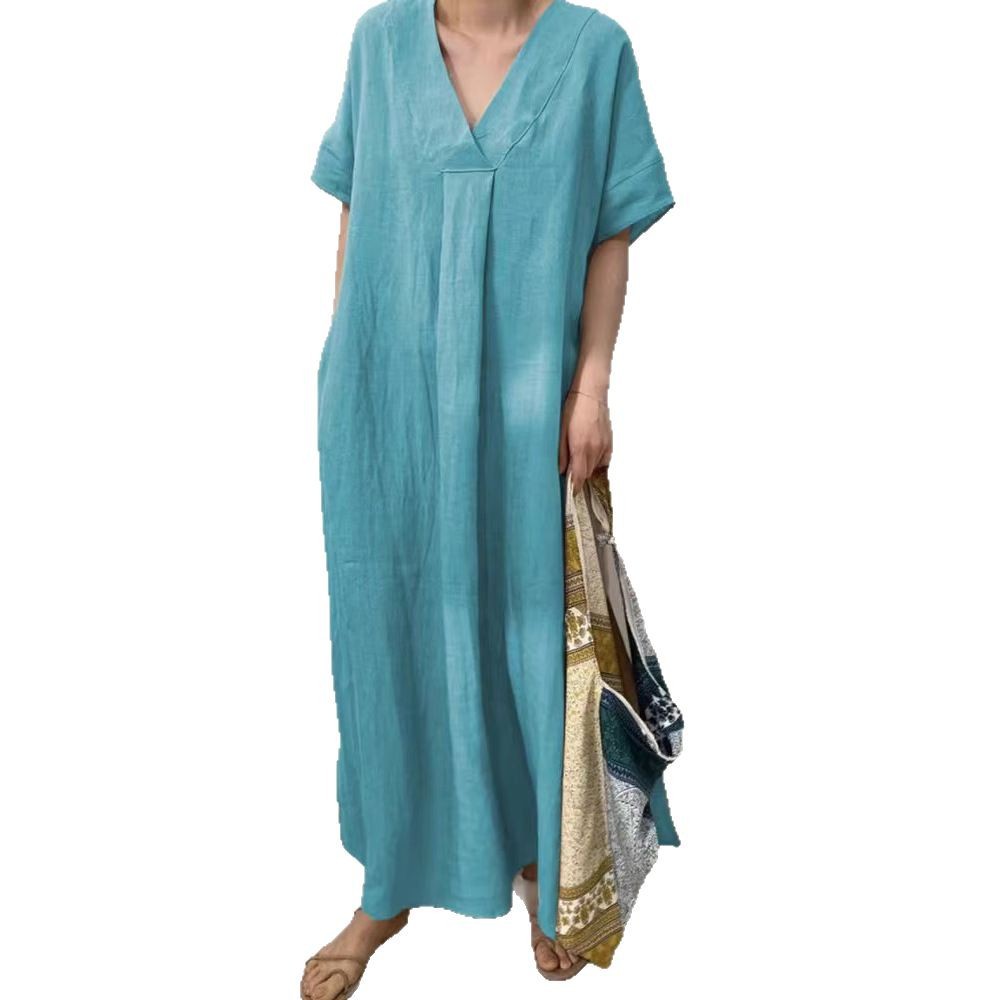 Women's Casual V-Neck Short Sleeve Solid Color Long Dress