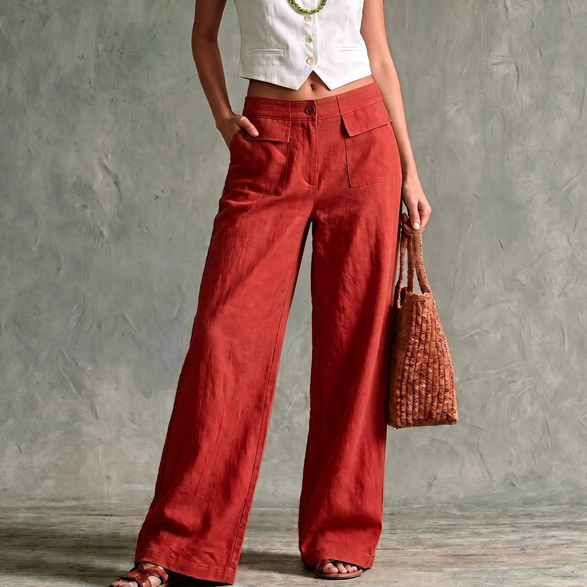Women's Solid Cotton-Blend Wide-Leg Pants High Waist Loose Casual