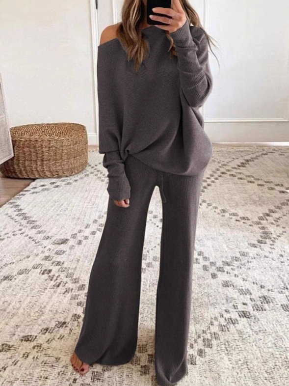 Solid Color Batwing Sleeve Drawstring High Waist Wide Leg Knit Two-Piece Pants Set