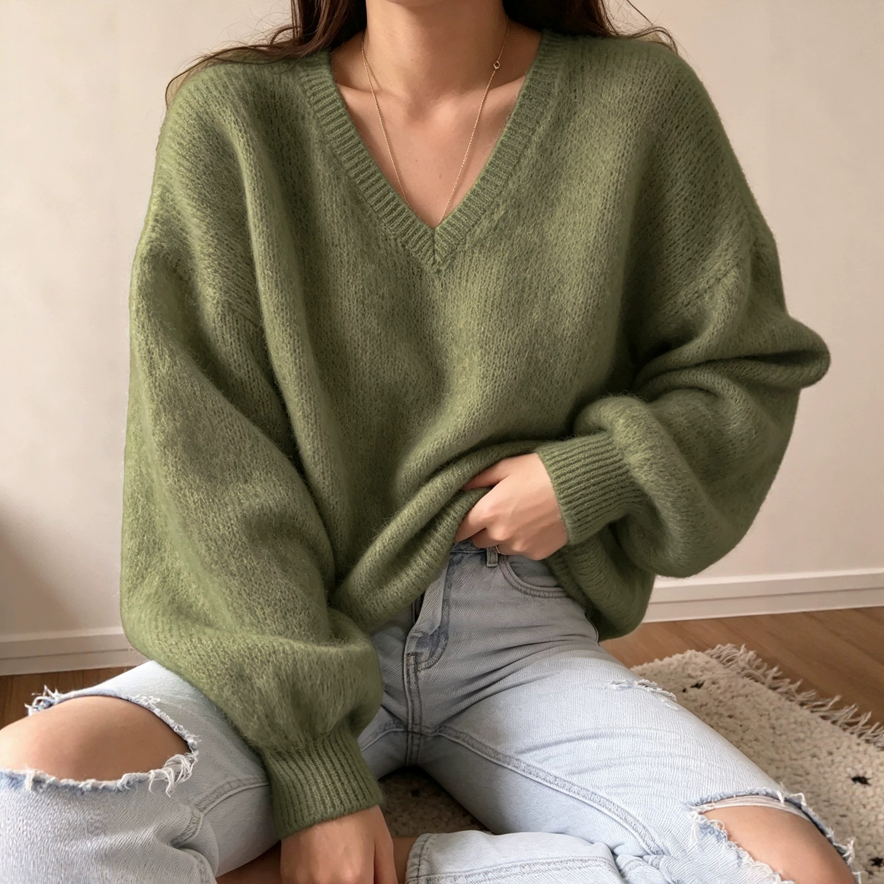 Women's V-Neck Solid Color Loose Drop Shoulder Lantern Sleeve Knit Pullover Sweater