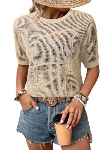 Women's Summer Round Neck Short Sleeve Openwork Floral Knit Top