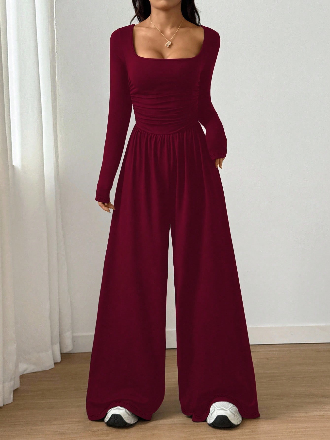 U-Neck Long-Sleeve Slimming Wide-Leg Jumpsuit