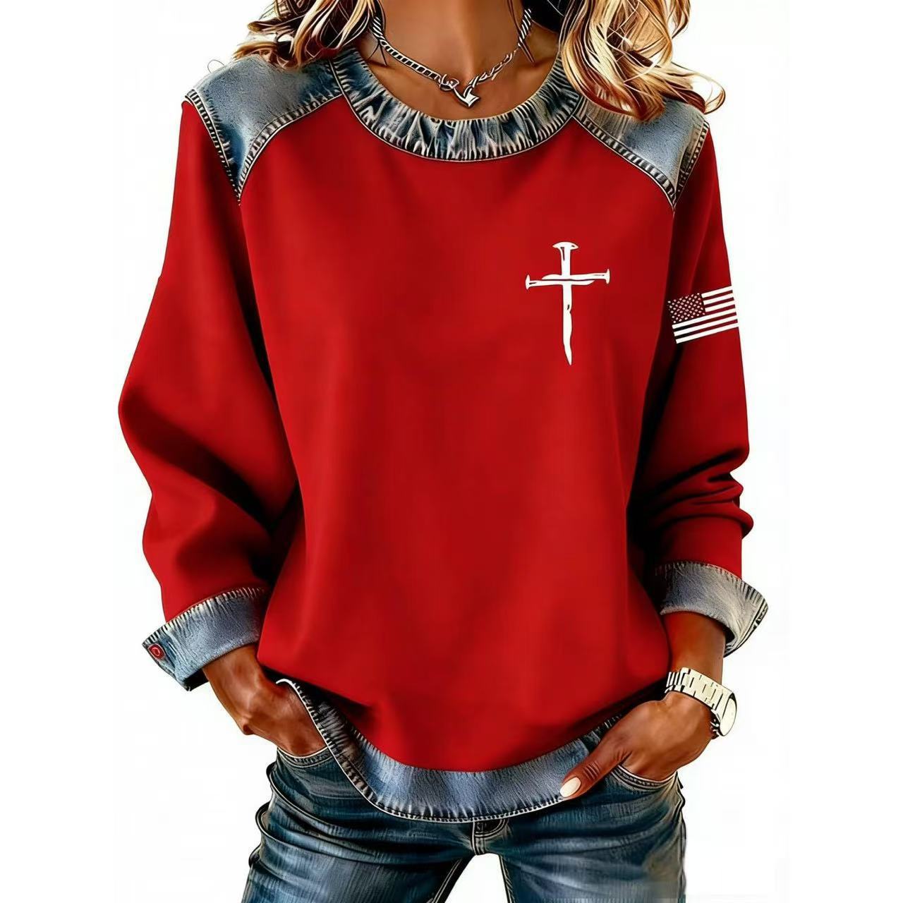 Denim Collar Colorblock Knit Pullover Sweater