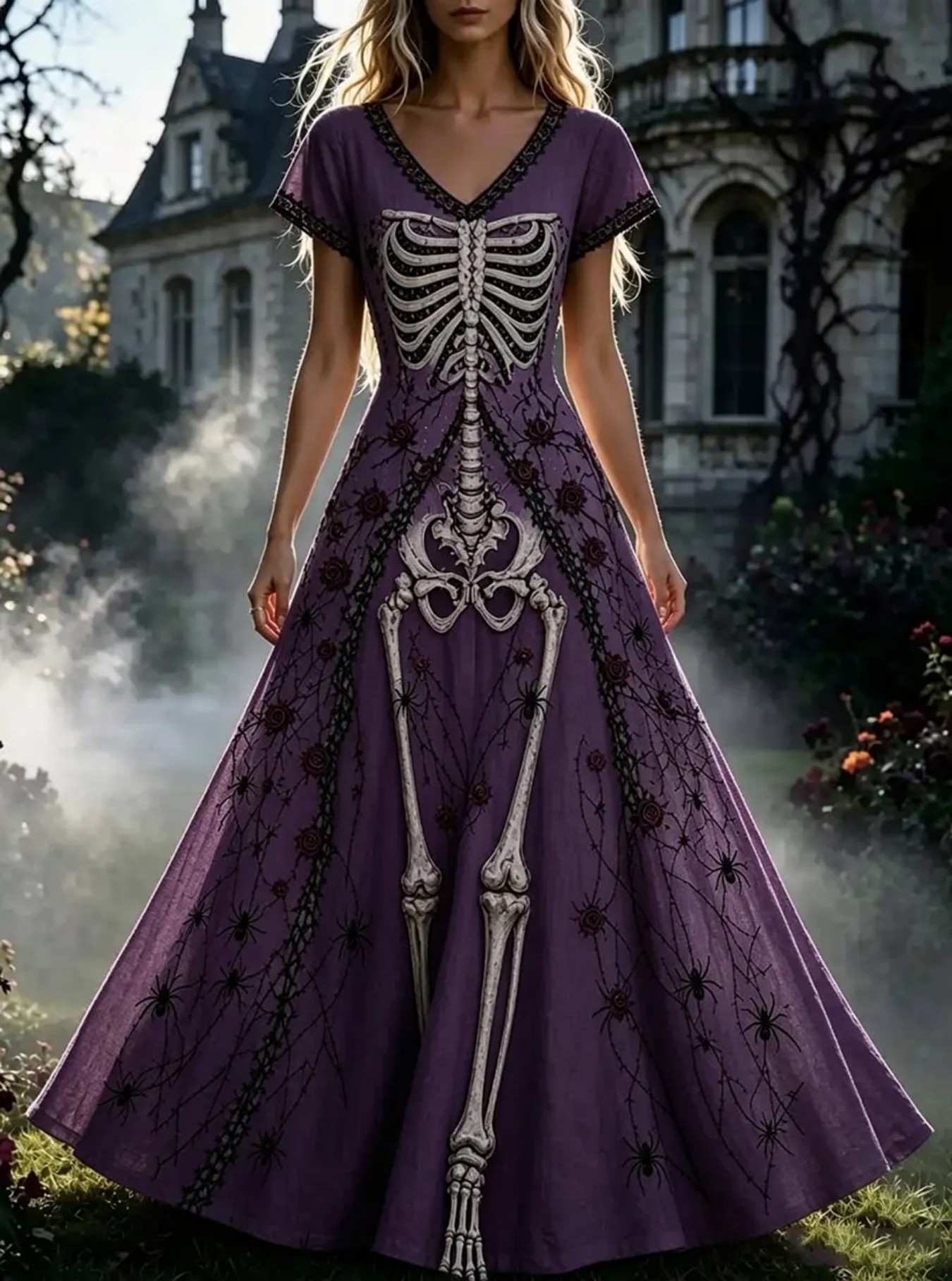 Women's Floral Skeleton Halloween Print Casual Midi Dress