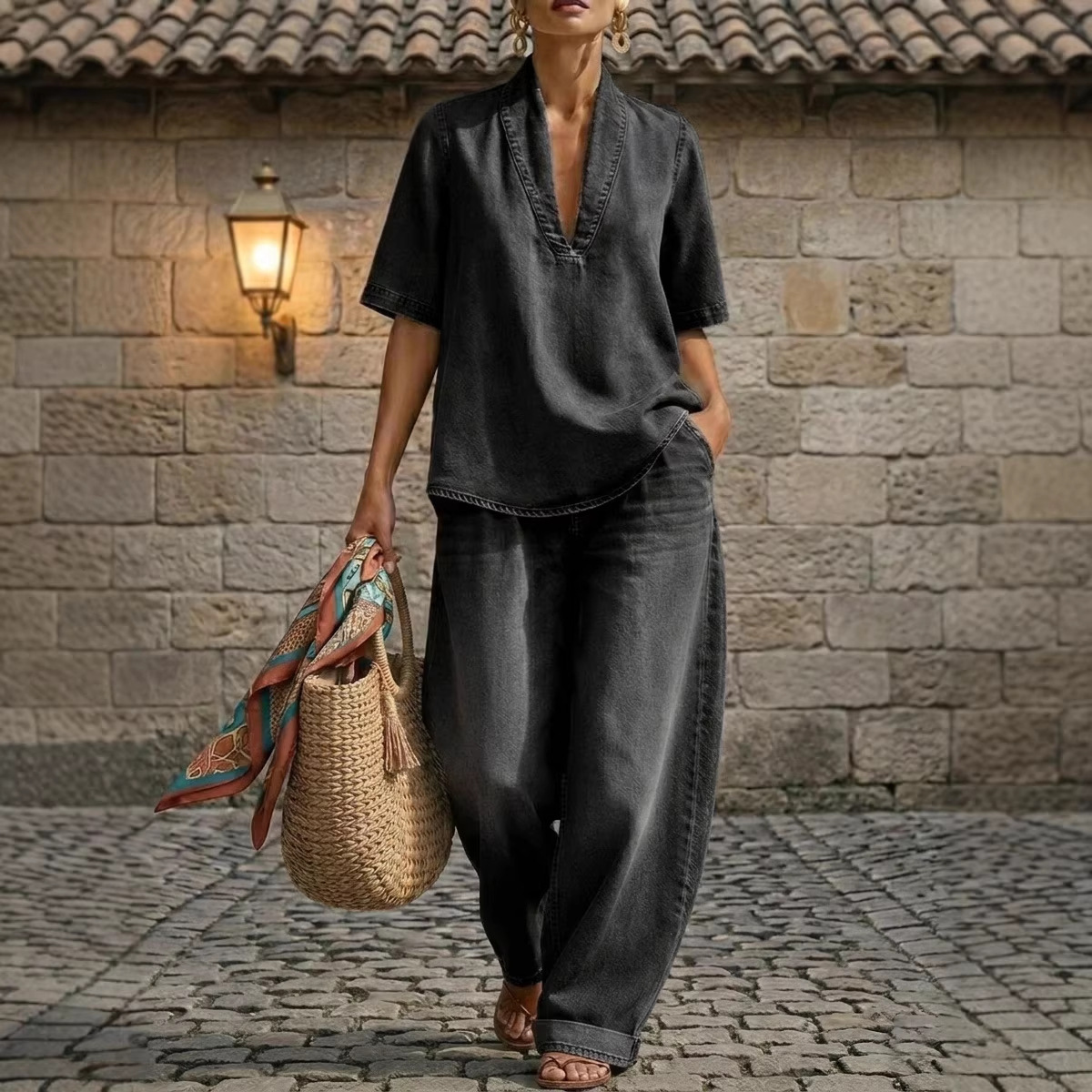 Women's Loose Casual Solid Color Minimalist Denim Two-Piece Set
