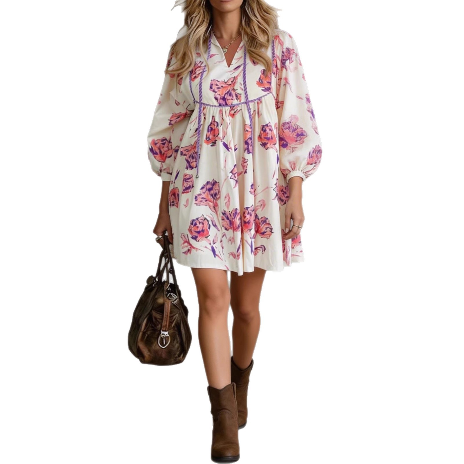 Women's Floral Print V-Neck Midi Dress with Lantern Sleeves