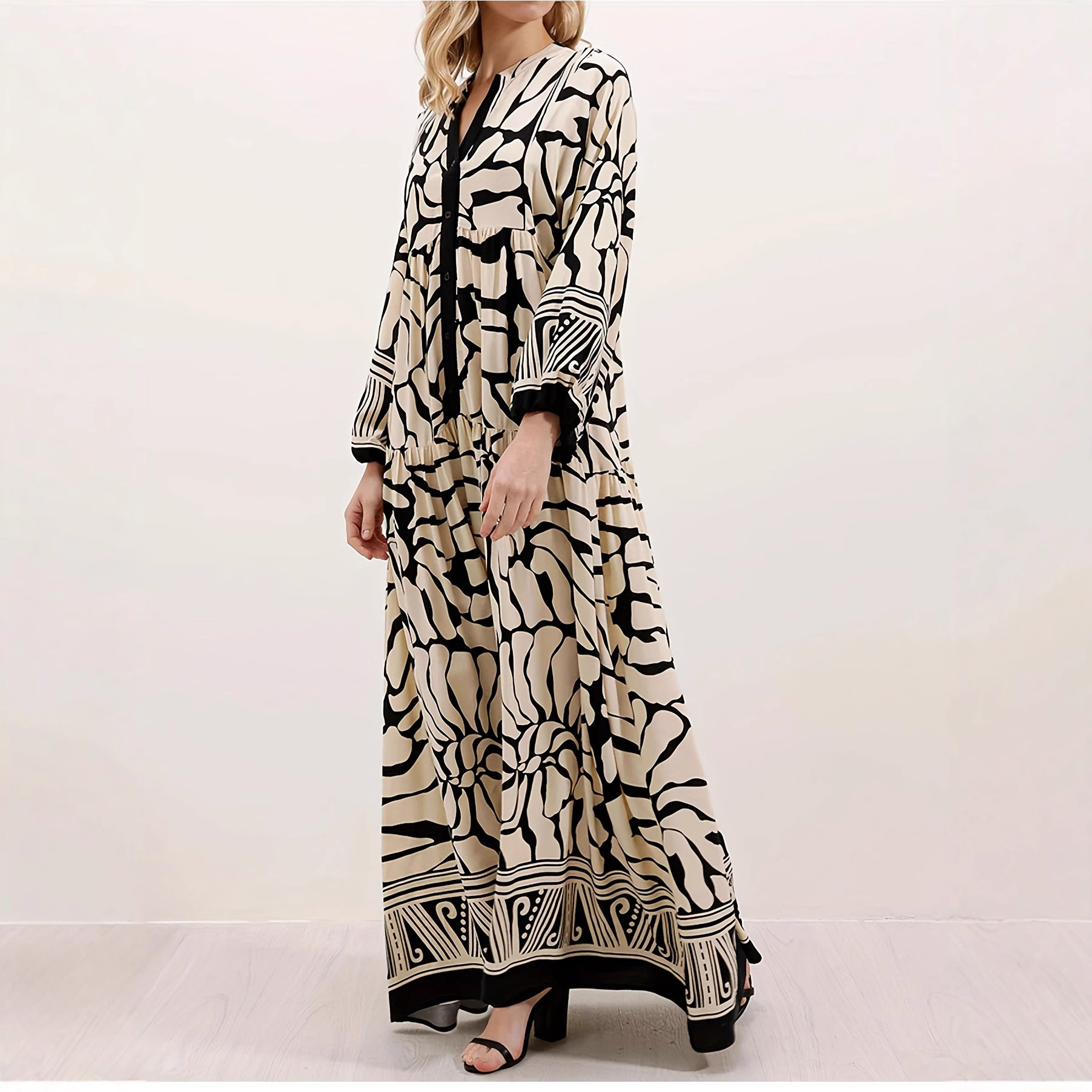Women's Black Elegant Digital Print Long Sleeve Long Dress