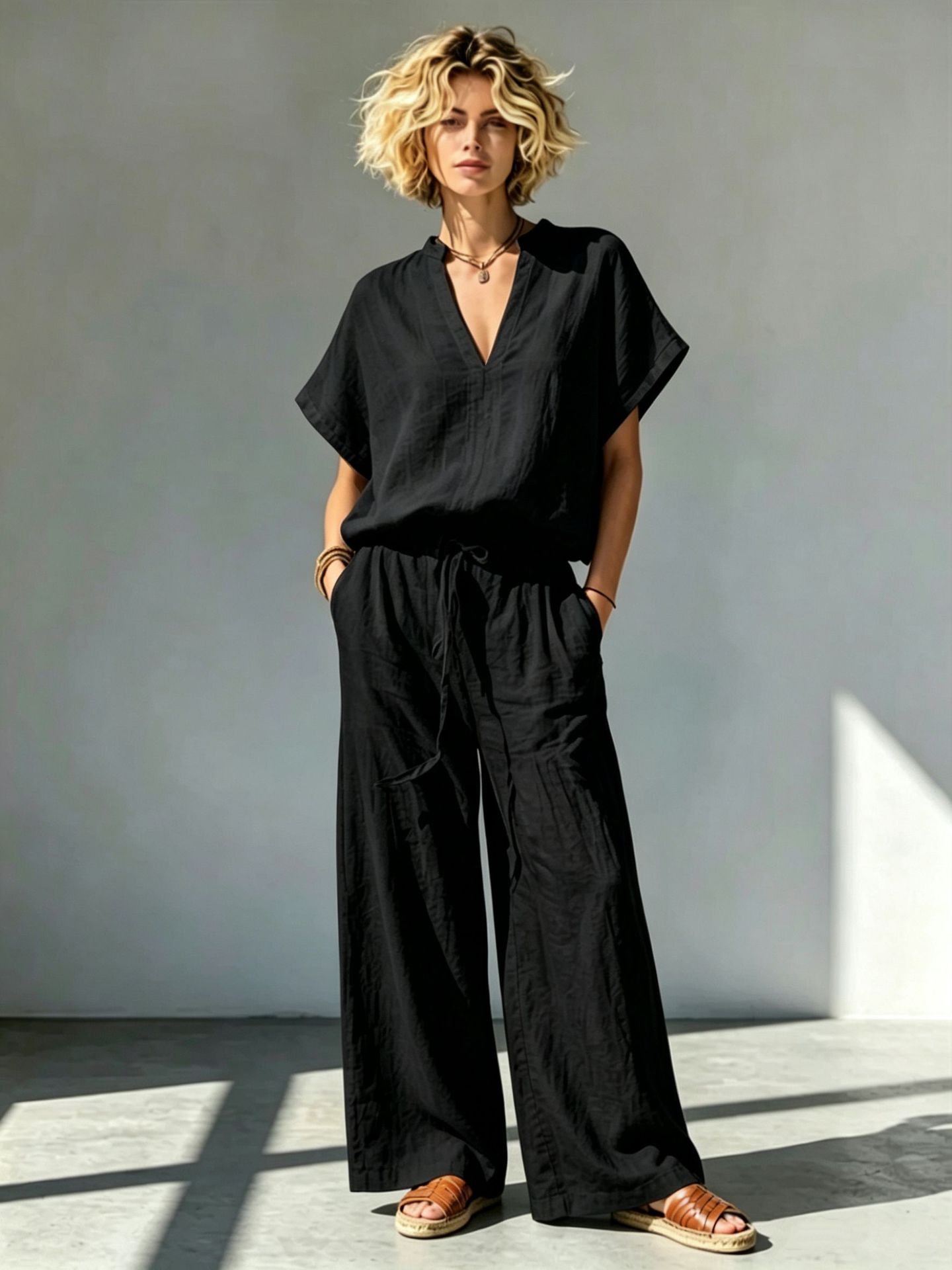 Women's Cotton-Linen V-Neck Short-Sleeve Shirt & Wide-Leg Pants Set