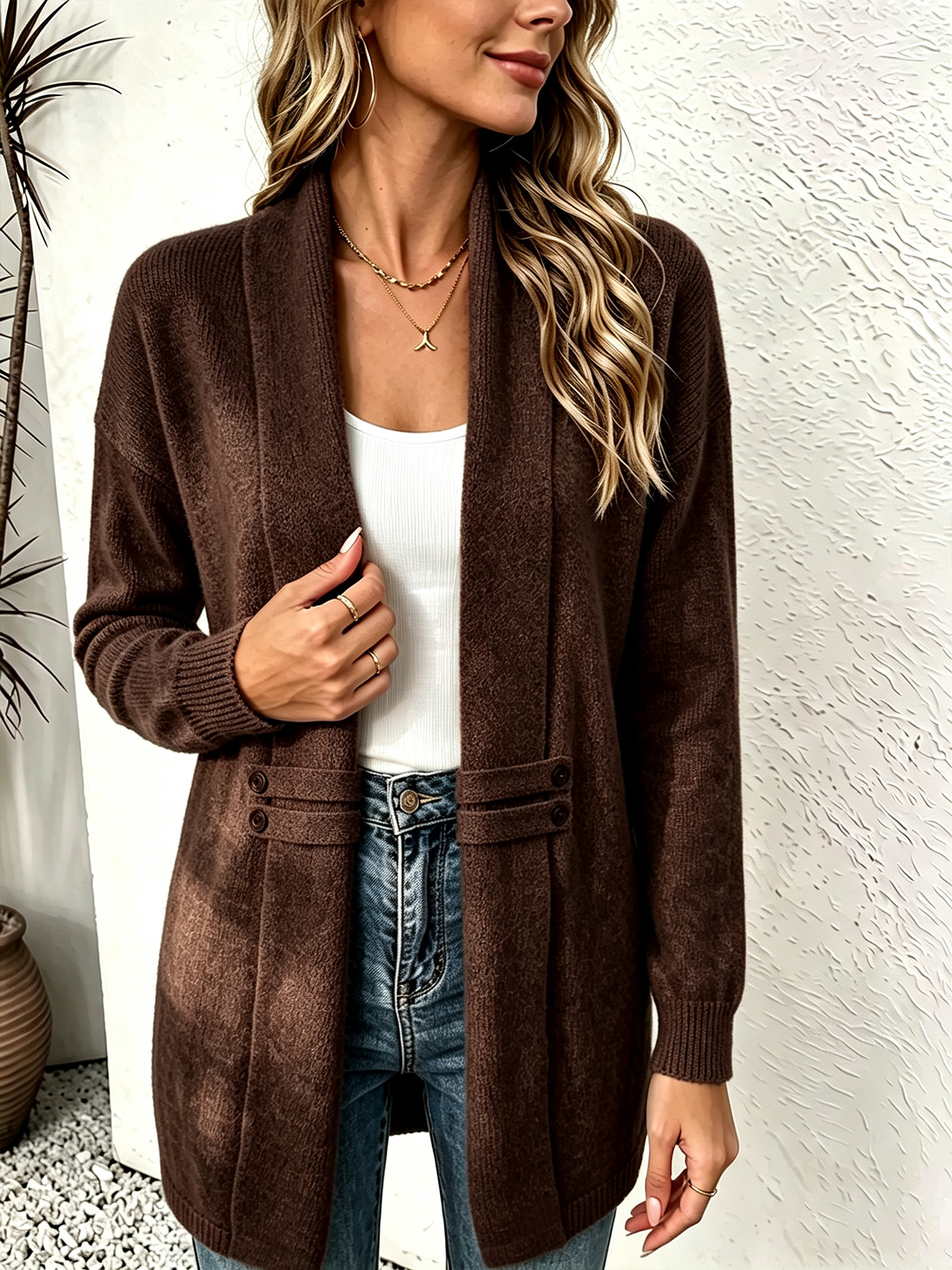 Mid-Length Knit Cardigan with Double-Breasted Placket