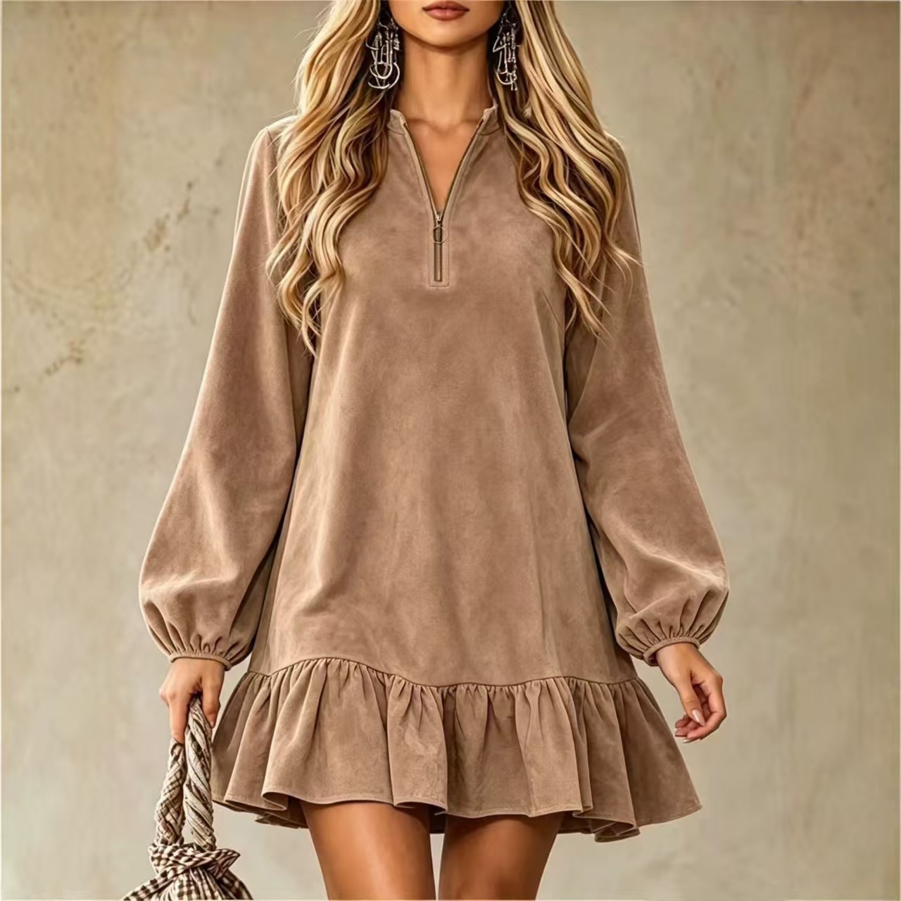 Women's Loose Long Sleeve V-Neck Mini Dress