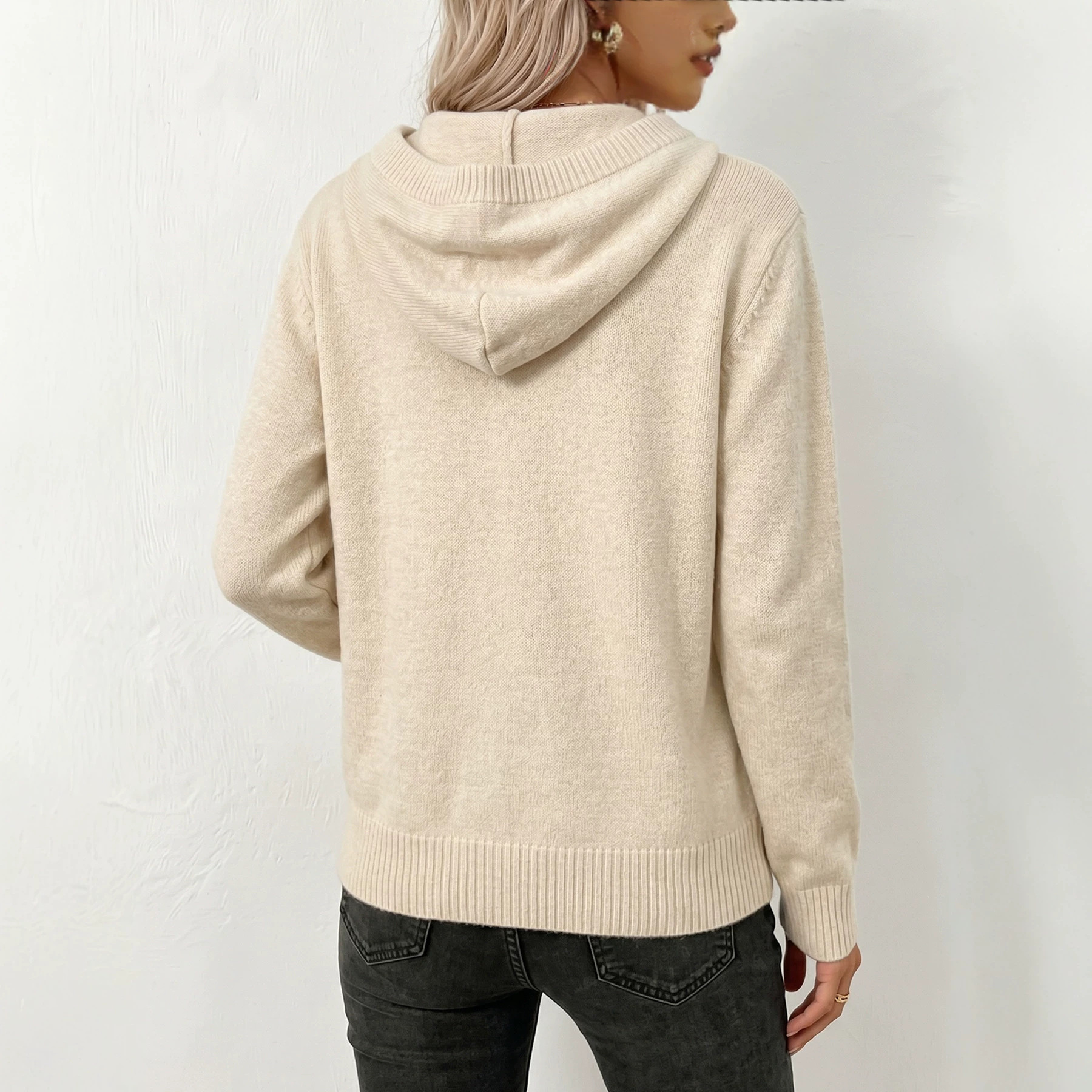 Women's Zip-Up Hooded Knit Cardigan Solid Color Casual Lazy Style with Pockets