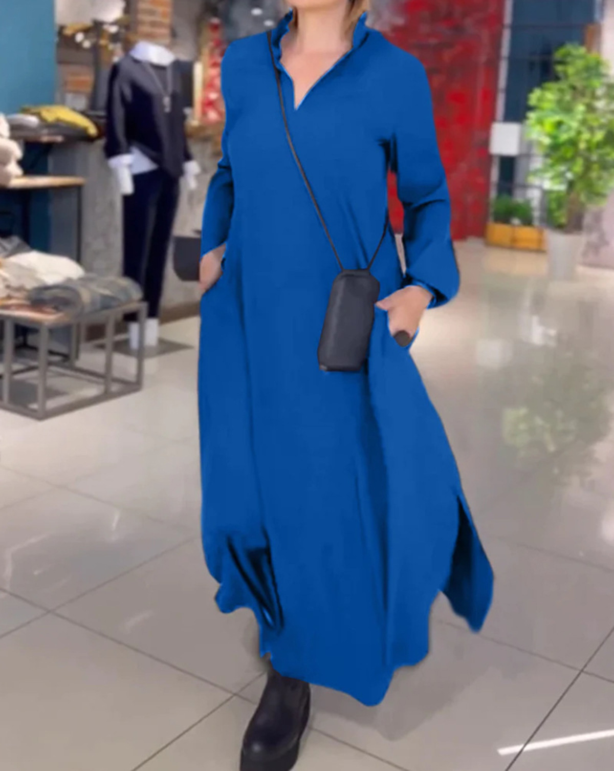 Women's Casual Solid V-Neck Long Sleeve Maxi Dress with Full Skirt