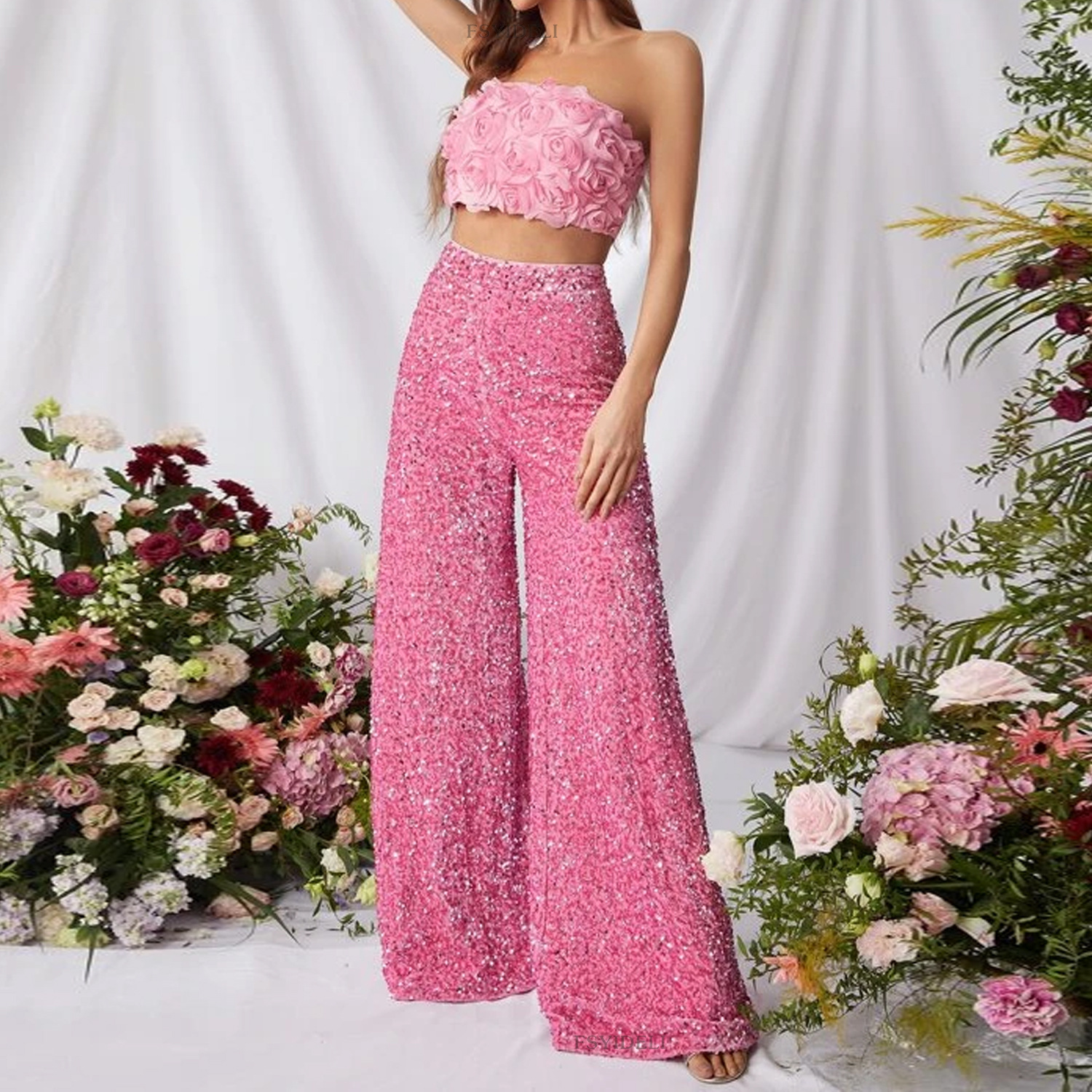 Women's Sequin Wide-Leg Pants Solid Color High-Waist Slimming
