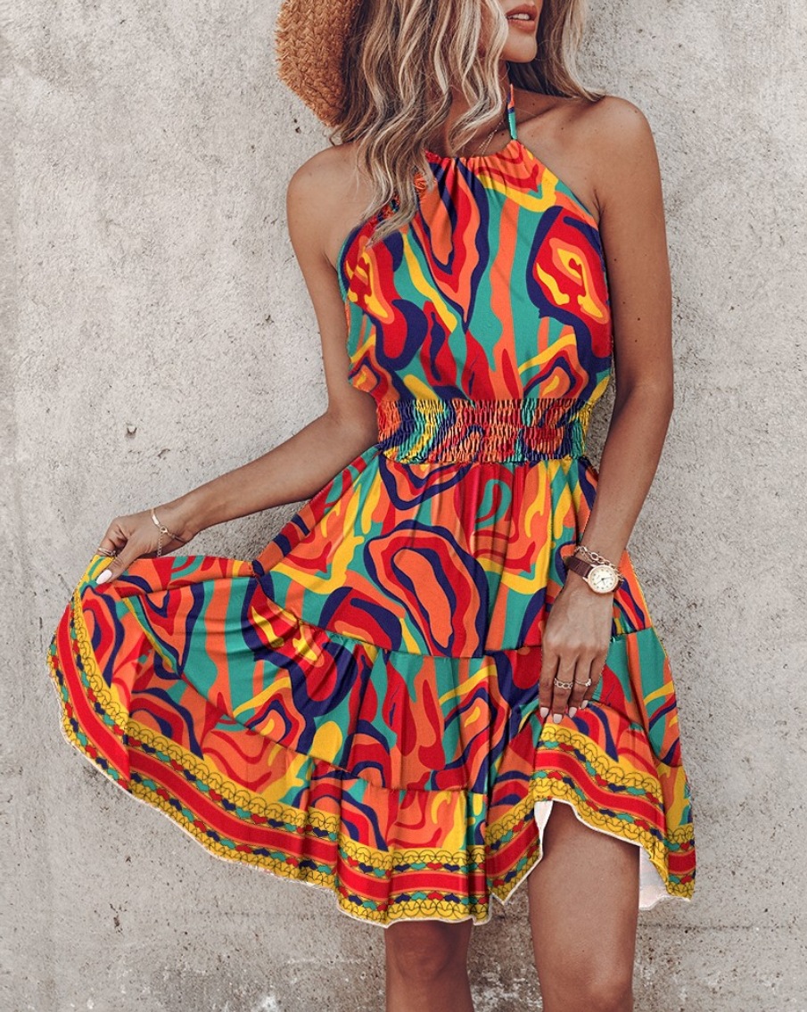 Women's Summer Halter Neck Dress Sexy Off-Shoulder A-Line Midi