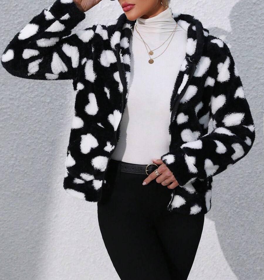 Women's Fuzzy Fleece Zip-Up Hooded Jacket with Geometric Print