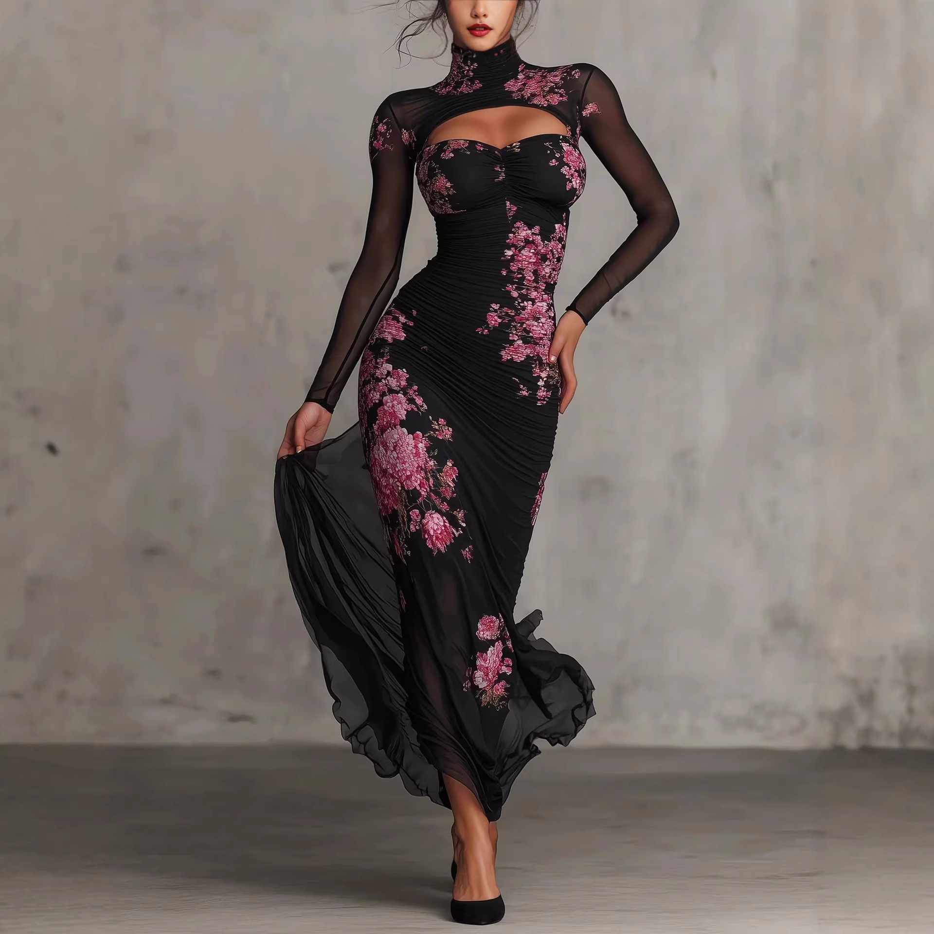 Black Mesh Print High Neck Long Sleeve Bodycon Mermaid Dress