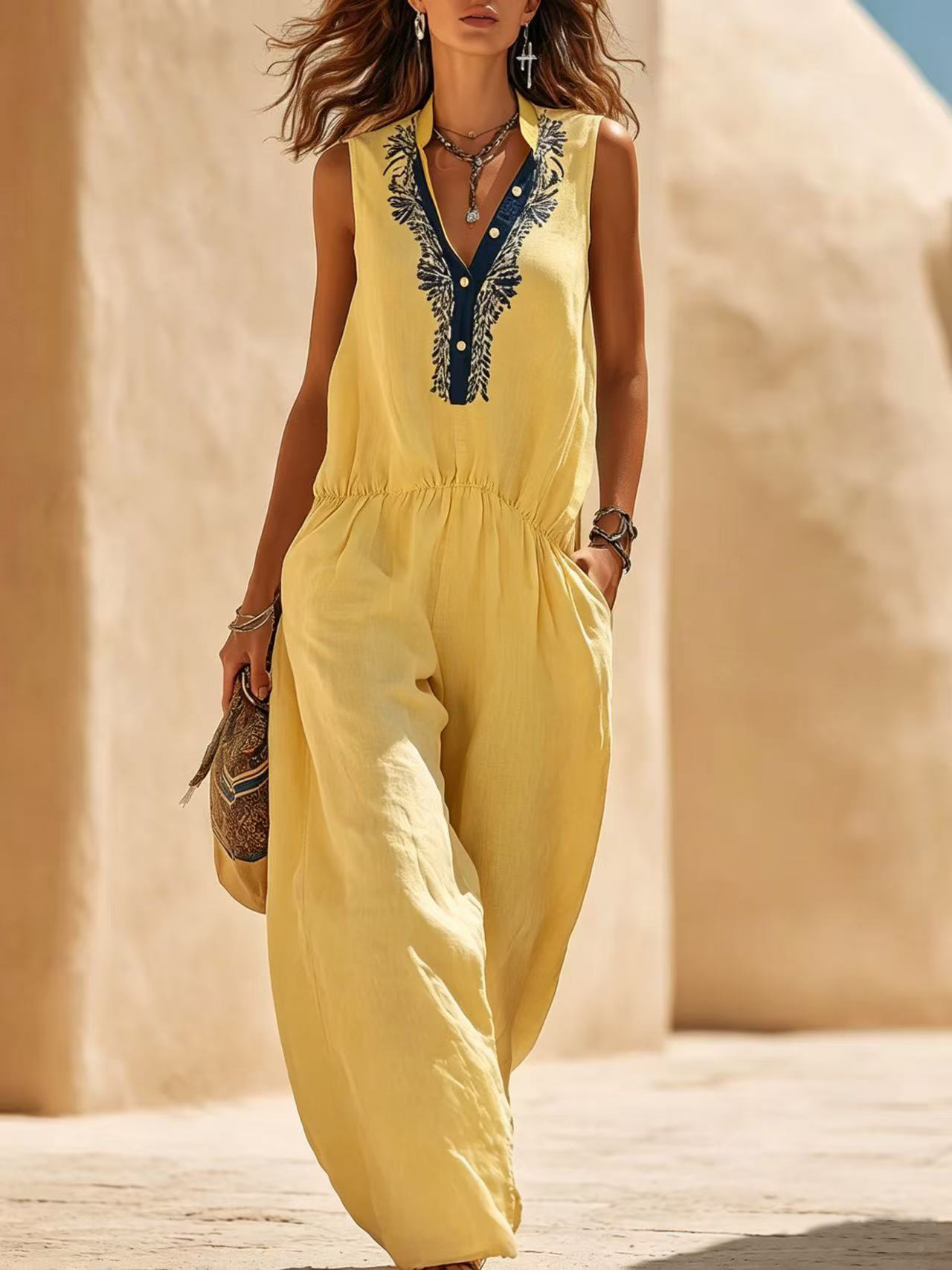 Minimalist Linen-Blend Sleeveless Wide-Leg Jumpsuit with Embroidered Stand Collar