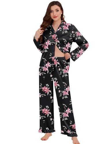 Women's Cuban Collar Butterfly Ribbon Print Long Sleeve Loungewear Set