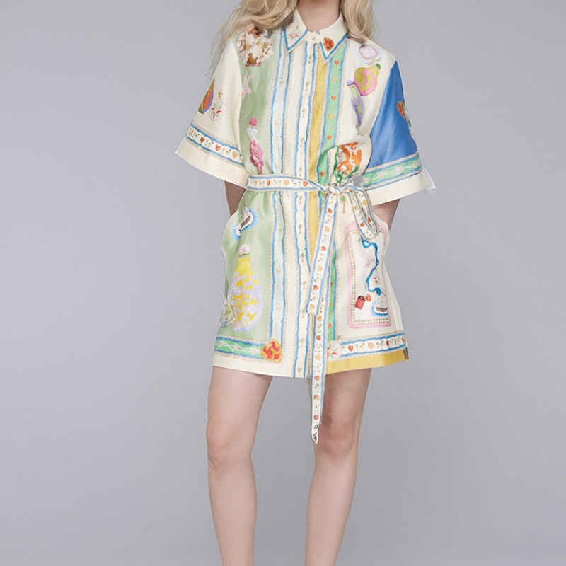 Women's Printed Collared Tie-Front Short Dress