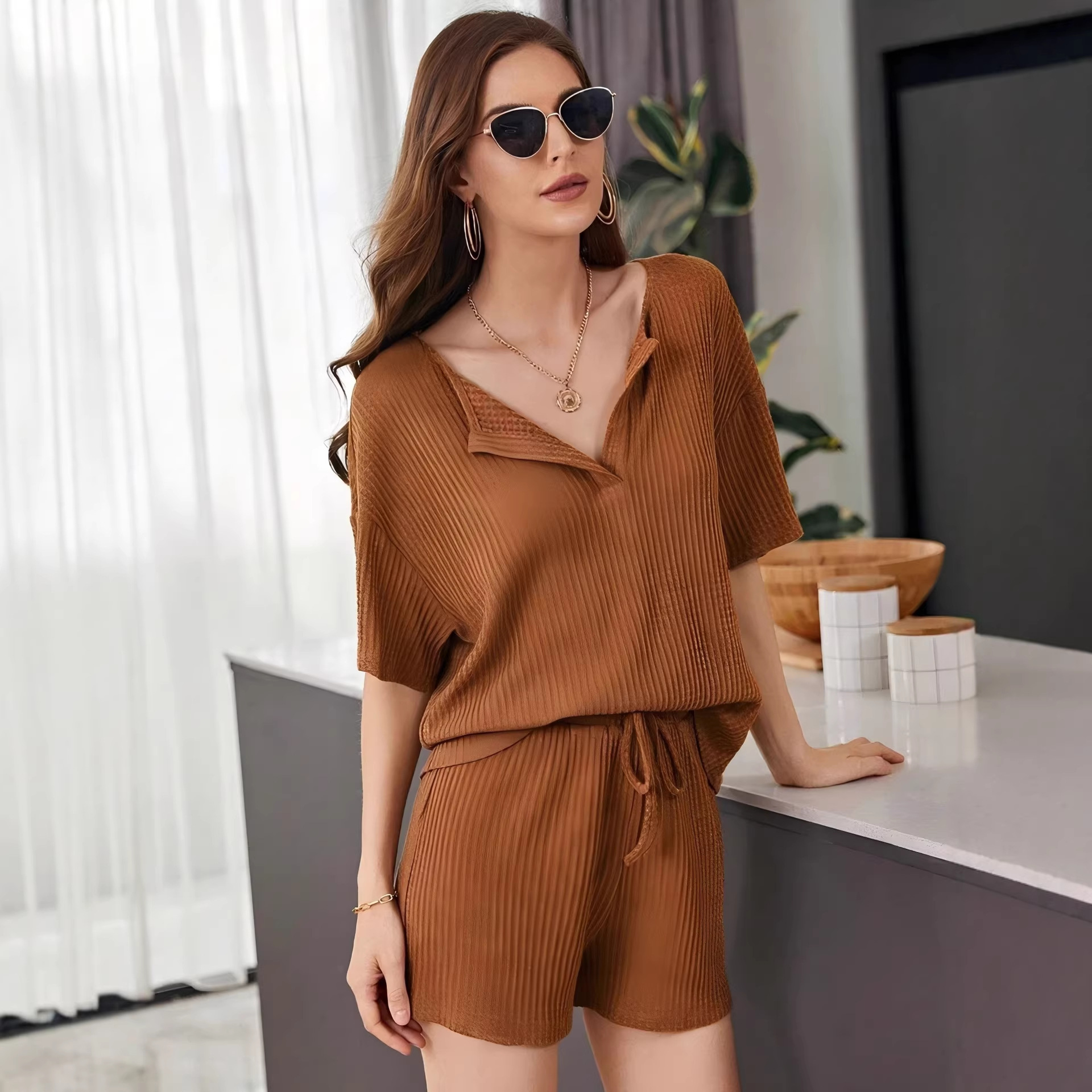 Women's Waffle Knit Short Sleeve Shorts Lounge Set Solid Color