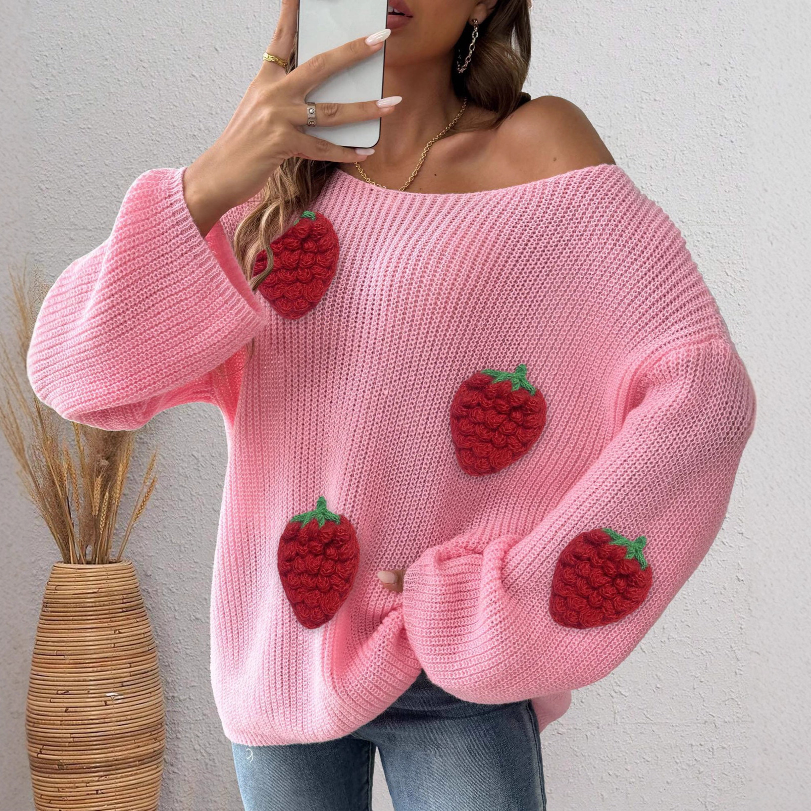 Women's Strawberry Applique Off-Shoulder Bell Sleeve Sweater