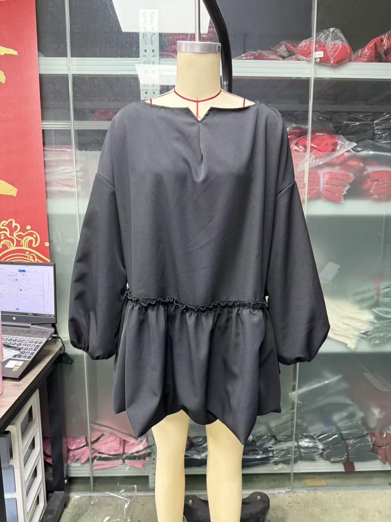 Solid Color Round Neck Puff Sleeve Long Sleeve Waist-Cinched Bubble Dress