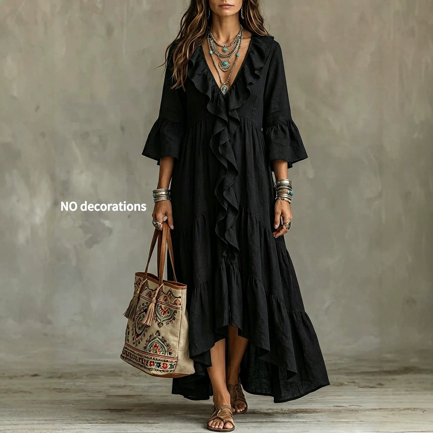 V-Neck Ruffle Bell Sleeve Midi Dress