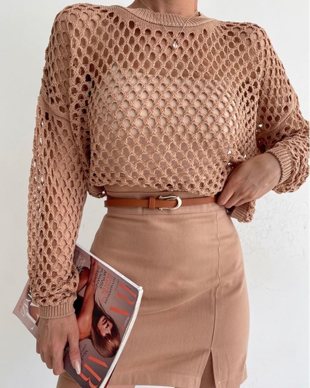 Women's Hollow-Out Knit Sweater with Bell Sleeves, Loose Crew Neck Pullover
