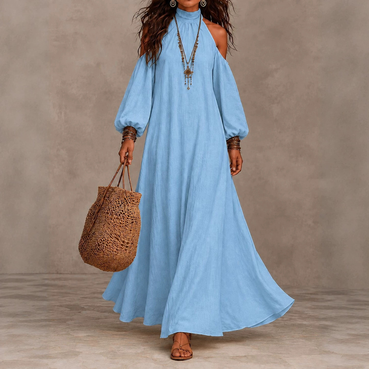 Women's Off-Shoulder Halter Neck Lantern Sleeve A-Line Maxi Dress