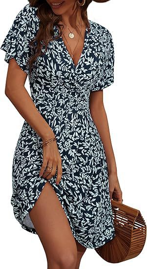 Women's Floral Short Sleeve Wrap V-Neck A-Line Midi Dress