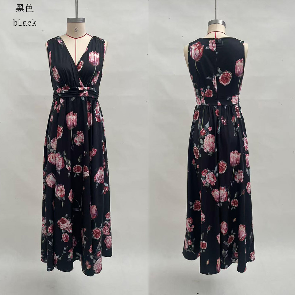 Blue Tulip Print Sleeveless V-Neck Maxi Dress
