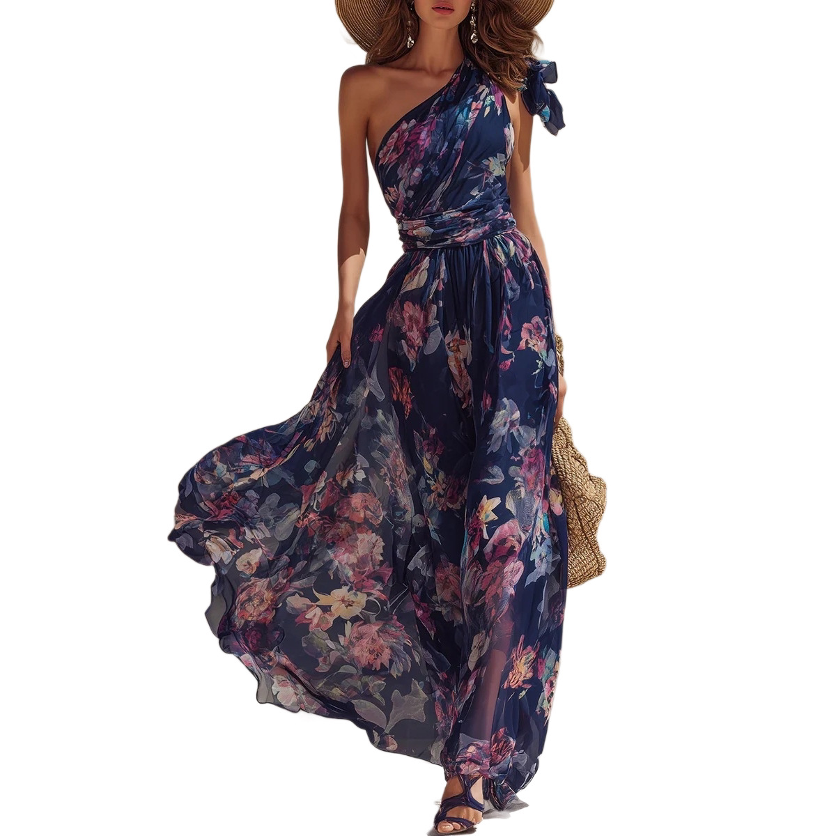 One-Shoulder Bow Print Chiffon Maxi Dress