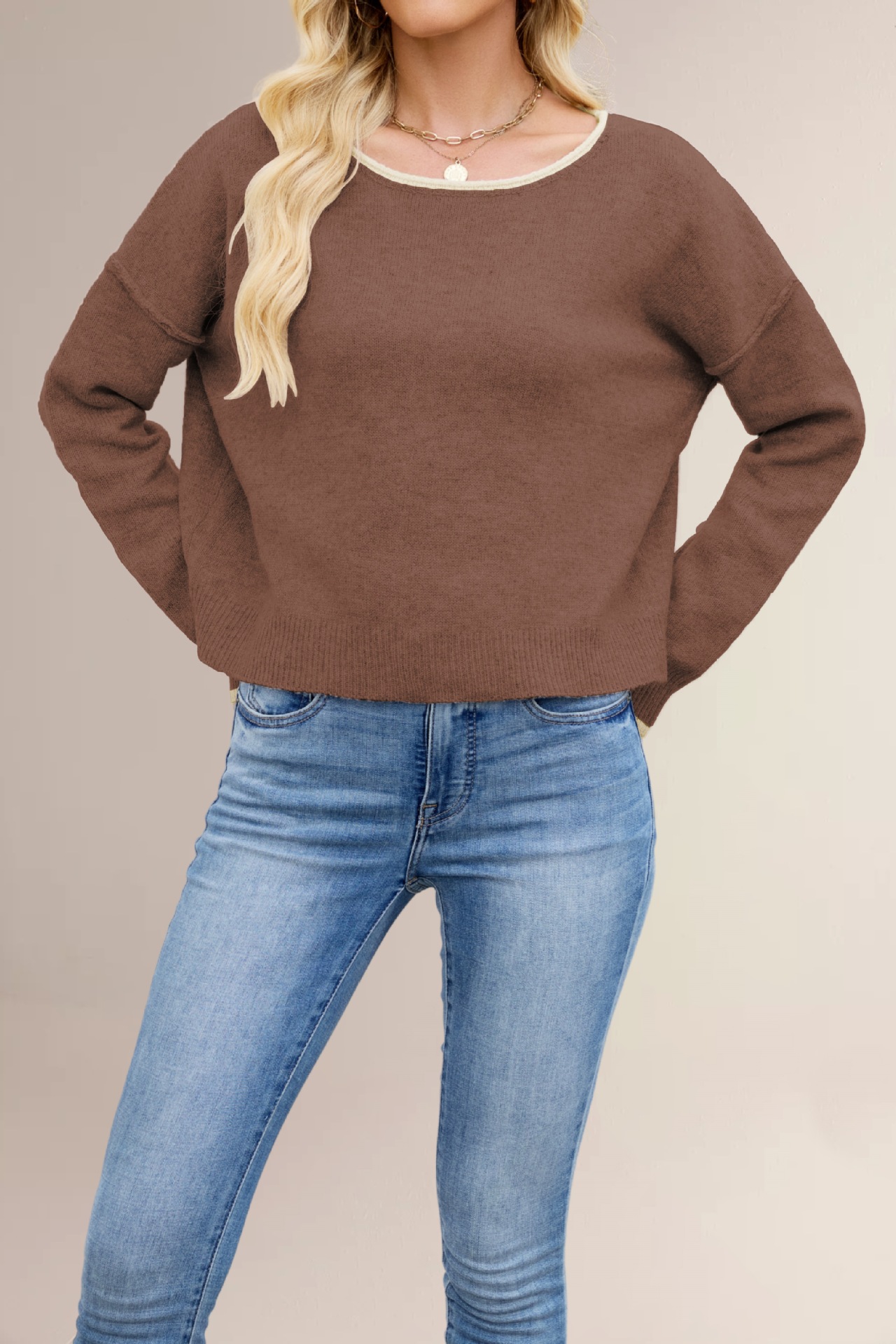 Women's Color-Block Crewneck Knit Sweater Loose Pullover