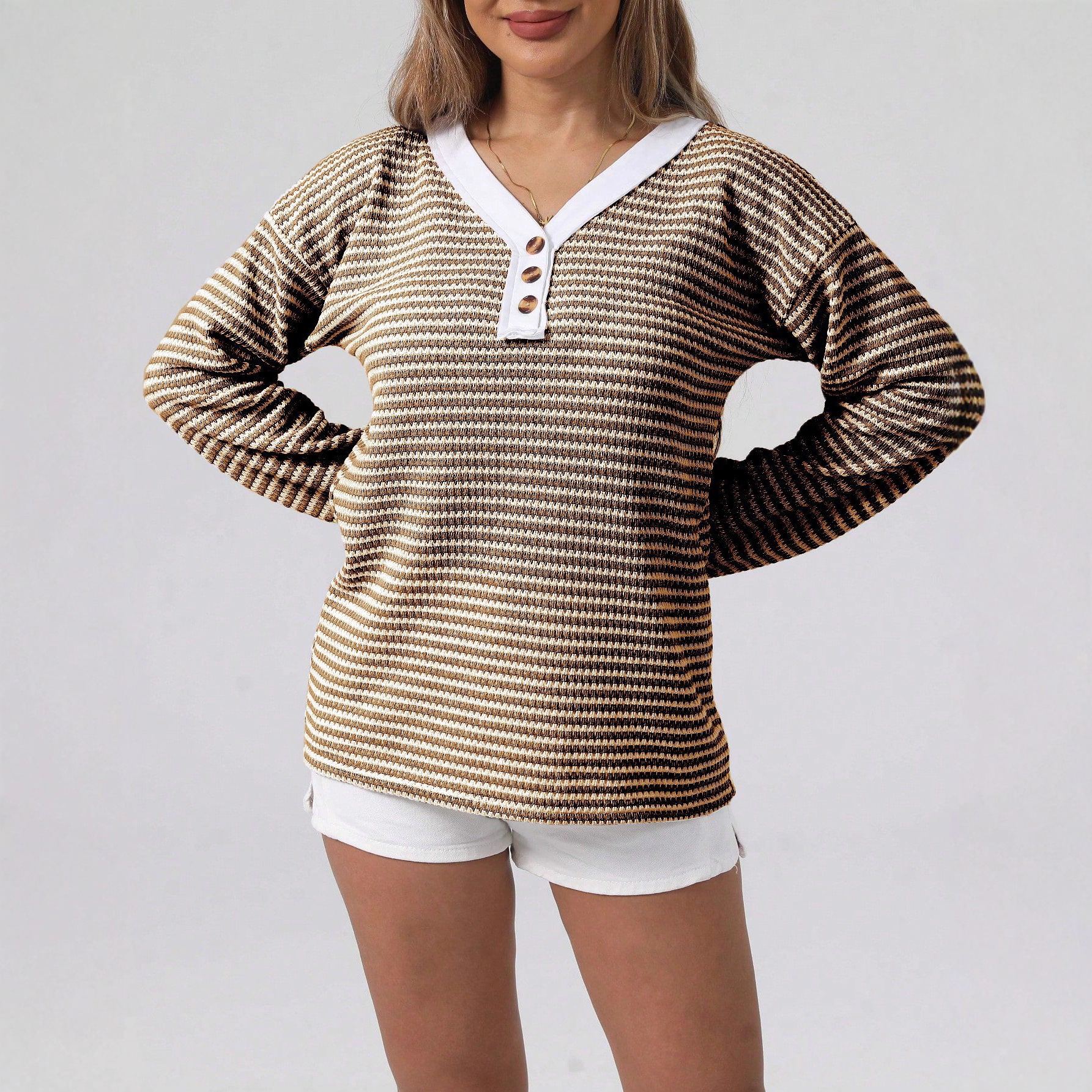 Women's V-Neck Button Pullover Colorblock Long-Sleeve Top