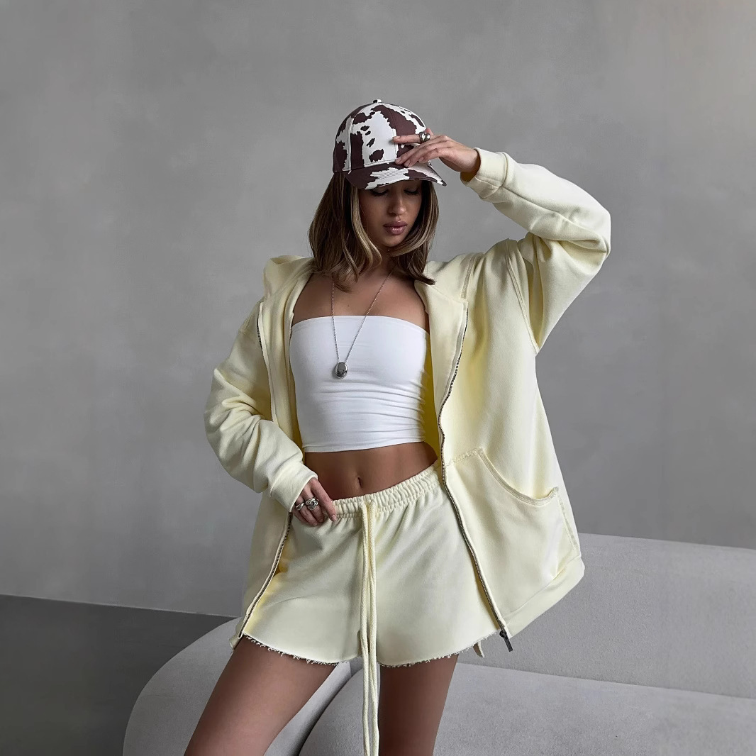 Women's Solid Color Long Sleeve Hooded Drawstring Sweatshirt and Shorts Set