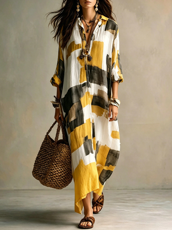 Women's Geometric Print Button-Front Collared Long Sleeve Maxi Dress