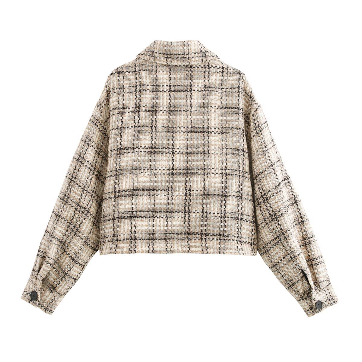 Women's Textured Plaid Lapel Long-Sleeve Short Jacket