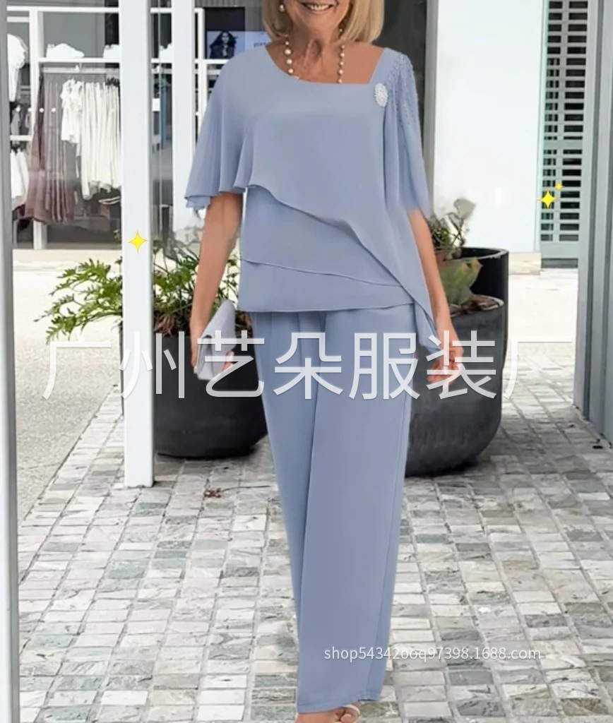 Chiffon Beaded Rhinestone Wide-Leg Two-Piece Pants Set