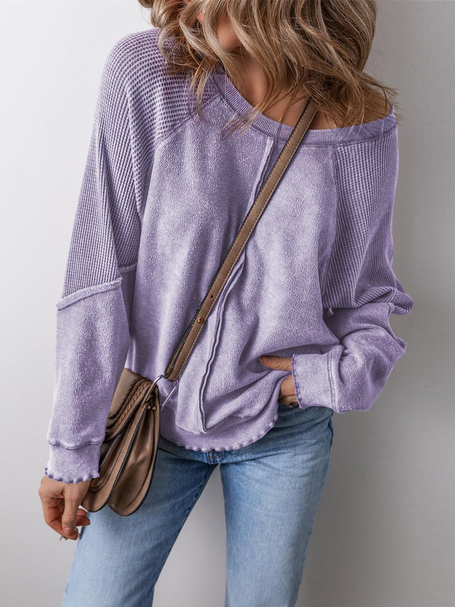Women's Casual Crewneck Long Sleeve Reverse Stitch Patchwork Loose Pullover Sweatshirt