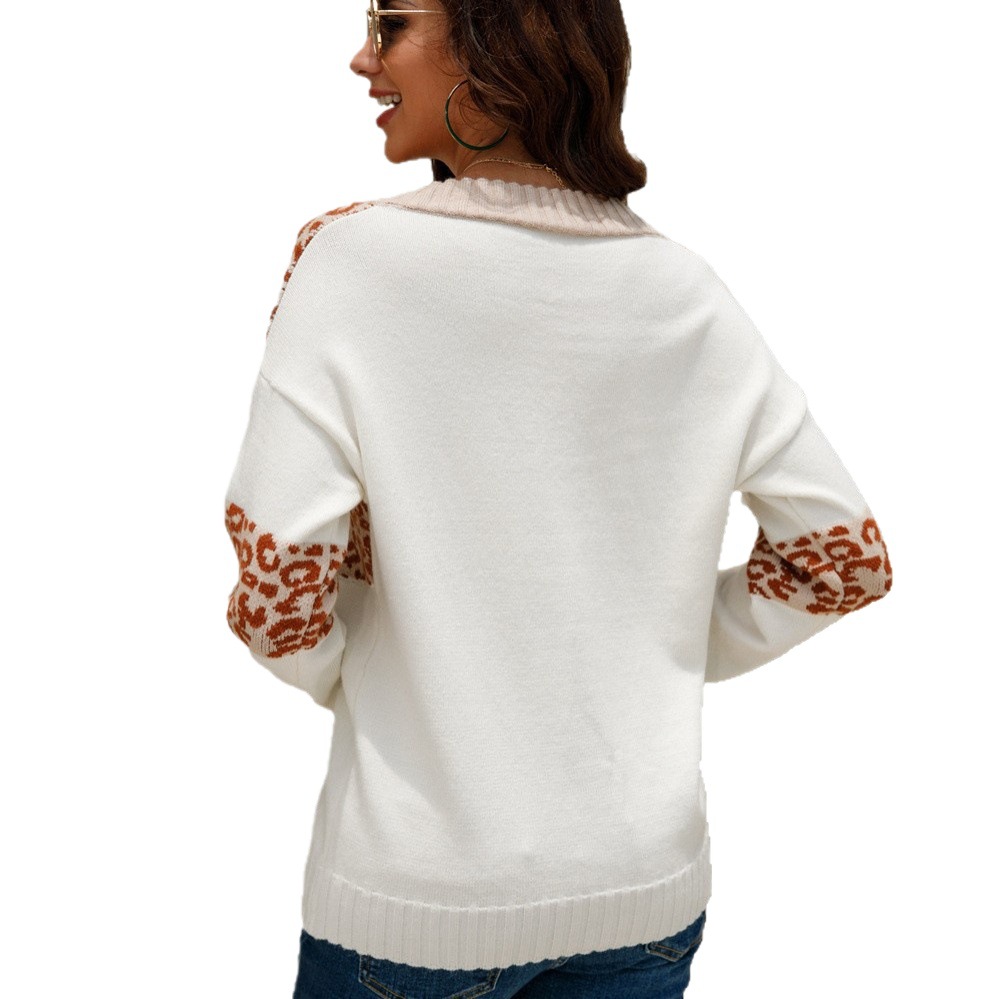 V-Neck Leopard Print Knit Sweater
