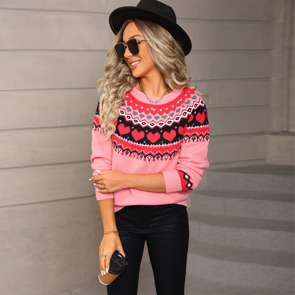 Heart Jacquard Knit Pullover Sweater Plus Size Crew Neck Long Sleeve