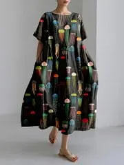 Women's Loose Round Neck Floral Print Midi Dress