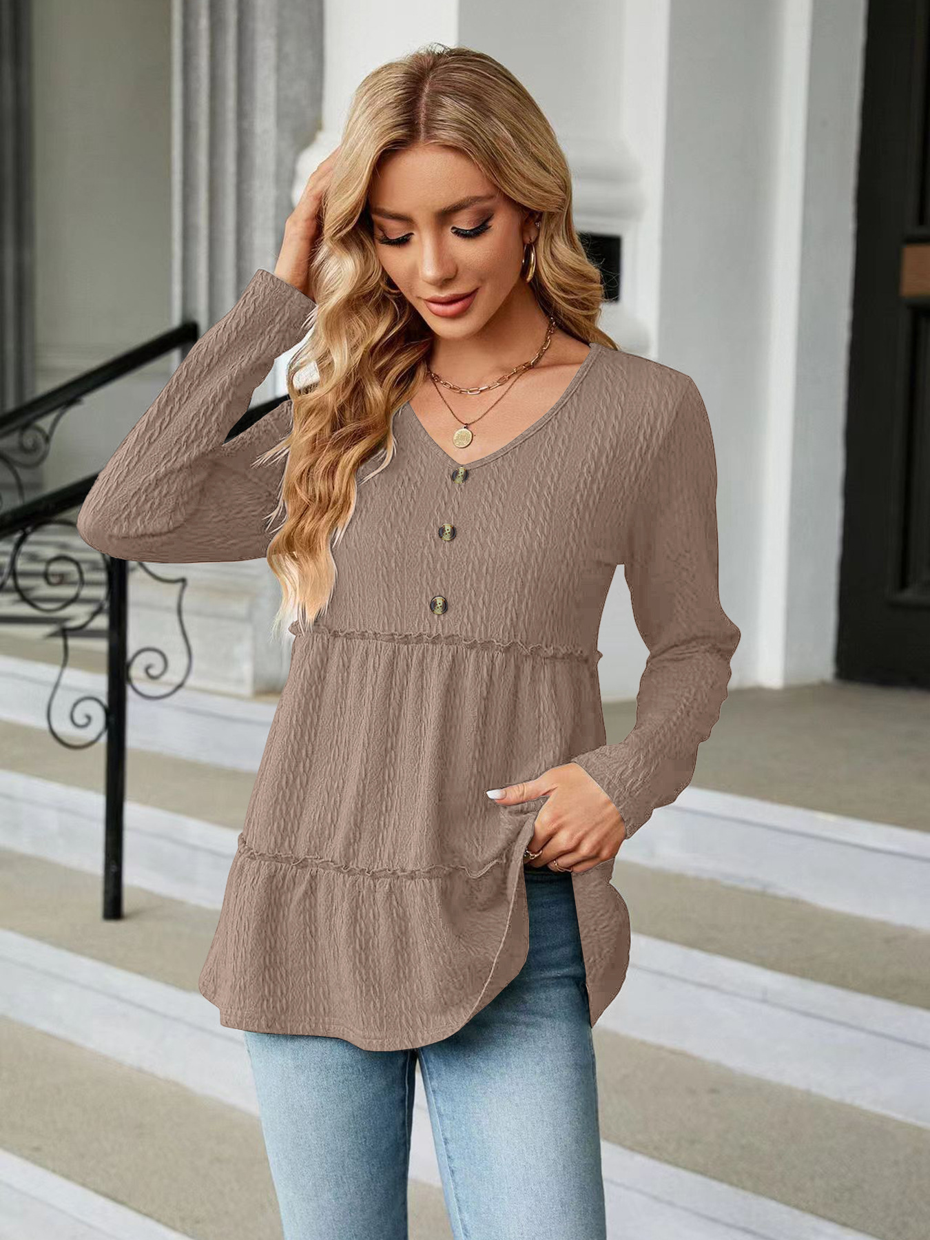 Solid V-Neck Button-Detail Loose Long-Sleeve T-Shirt