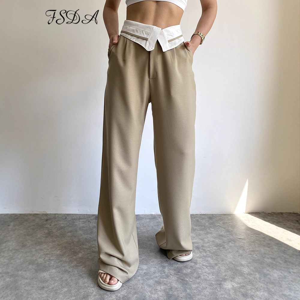 Women's High-Waist Wide-Leg Straight Pants with Fold-Over Waistband