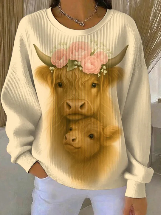 Women's Bull Head Print Crewneck Sweatshirt Casual Pullover