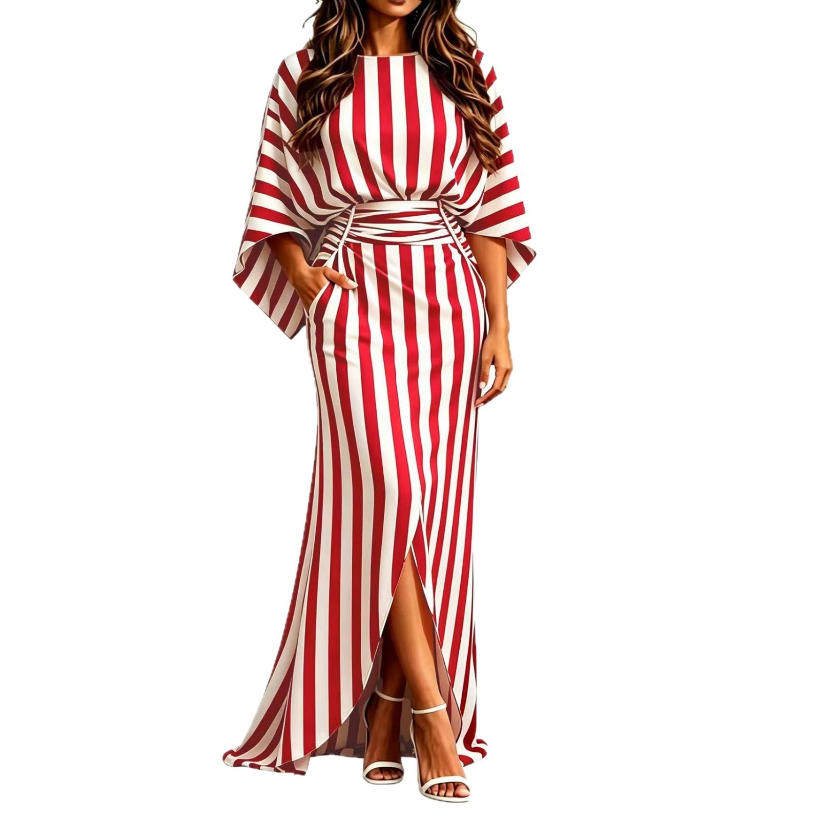 Striped Elegant Waist-Cinching Pleated Long Dress with Pockets