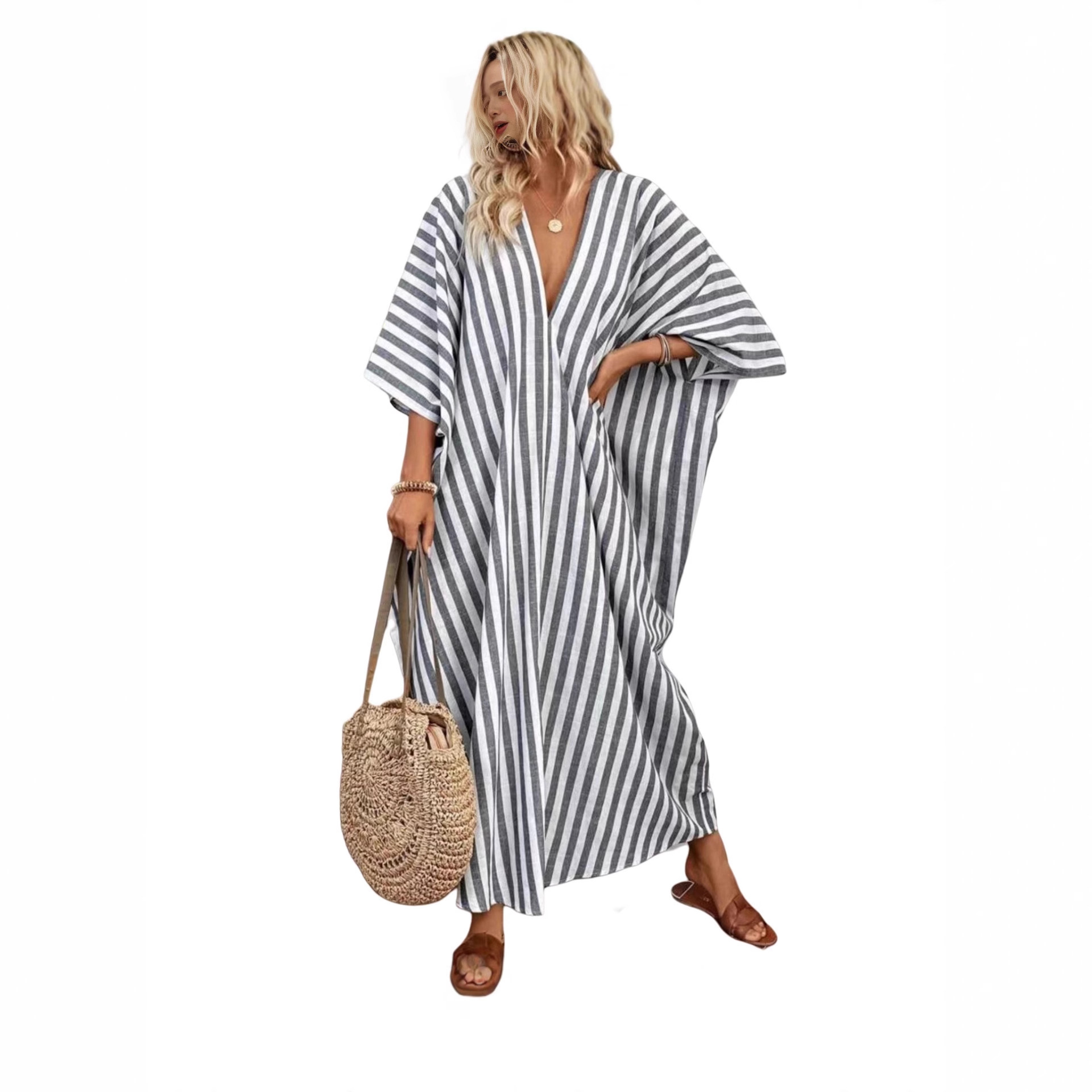 Women's Striped V-Neck Long Casual Dress