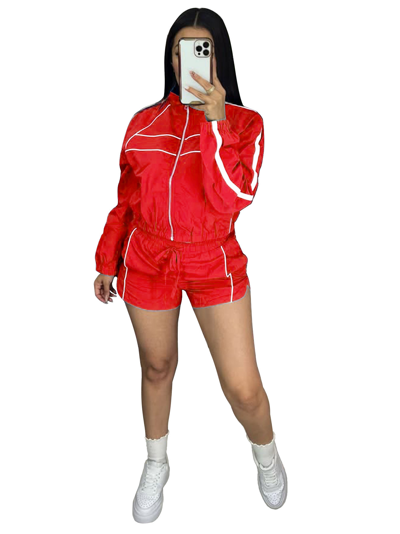 Women's Sexy Long Sleeve Zip Colorblock Ribbon Shorts Two-Piece Set